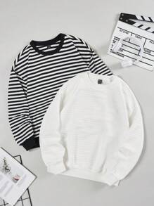 SHEIN EZwear 2 Miếng In sọc Áo nỉ - Đen và trắng - Xem 1