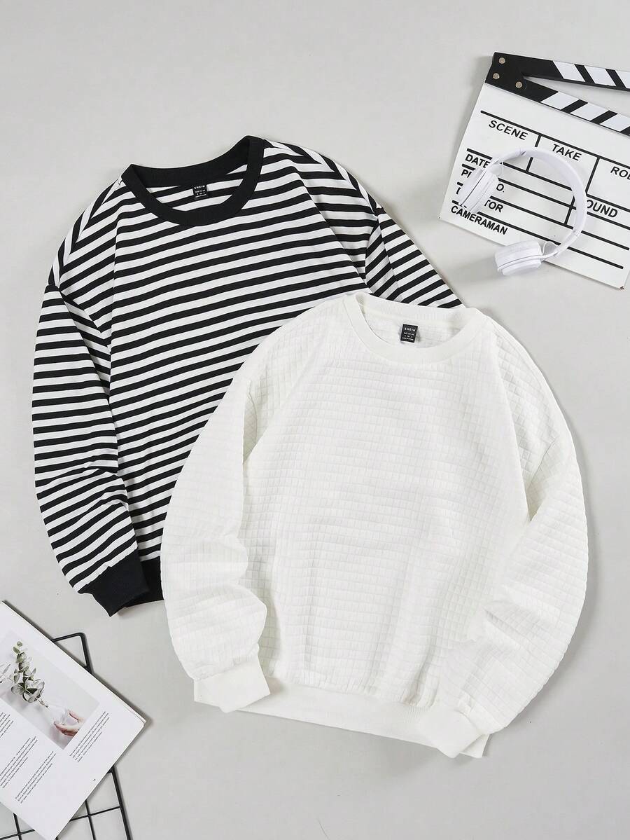 SHEIN EZwear 2 Miếng In sọc Áo nỉ - Đen và trắng - Xem 1