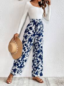 SHEIN VCAY Scoop Neck Tee & Floral Print Paperbag Waist Belted Pants - White - View 4