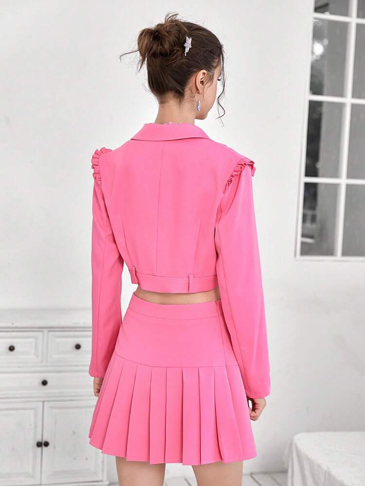 Solid Crop Blazer & Pleated Hem Skirt Without Belt