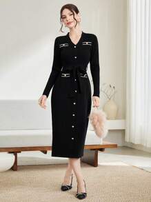 Modelyn Ladies' Sweater Dress With Single-breasted Belt - Black - View 6