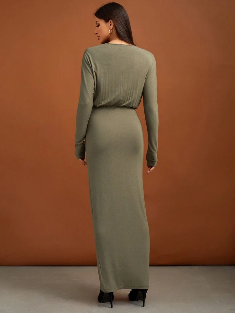 Solid Surplice Neck Bodycon Dress