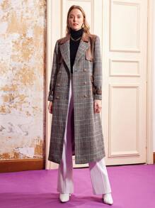 MOTF PREMIUM BELTED PLAID FAUX LEATHER COAT - Brown - View 5
