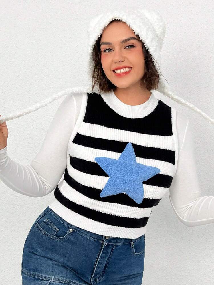 Plus Striped & Star Pattern Sweater Vest Without Tee