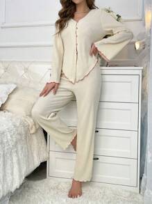荷叶边纽扣睡衣套装/秋冬睡衣 - 杏色 - 查看 7