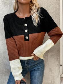 SHEIN Frenchy 撞色半排扣落肩袖套頭毛衣 - 彩色 - 查看 5