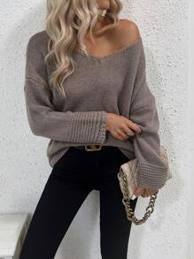 SHEIN Clasi 素色落肩袖V領套頭毛衣 - 摩卡棕 - 查看 5