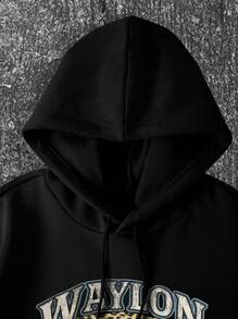 Men Letter & Eagle Print Drawstring Thermal Lined Hoodie - Black - View 5