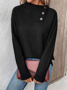 SHEIN LUNE Cổ không đối xứng Chi tiết Nút Áo len - màu đen - Xem 4