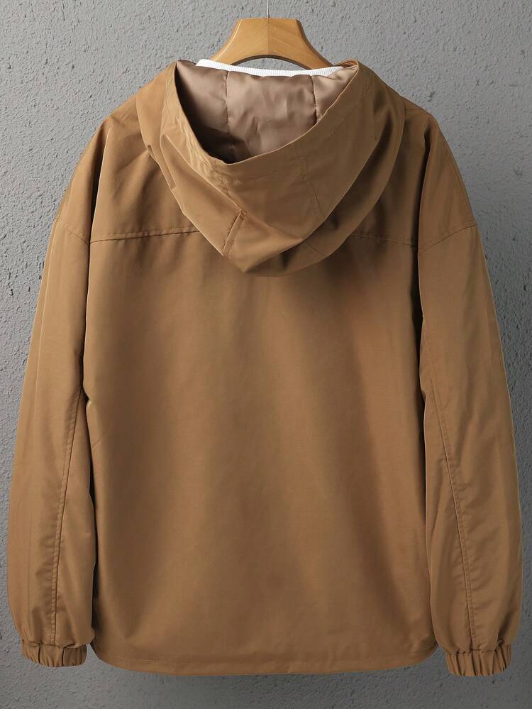 Loose Fit Men's Drawstring Hooded Zip Up Outdoor Windbreaker Jacket (No Tee Included)