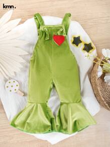 Baby Girl Heart Patched Flare Leg Overalls - Green - View 1