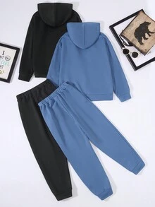 SHEIN Tween Boy 2pcs Letter Graphic Kangaroo Pocket Hoodie & 2pcs Sweatpants - Blue - View 2