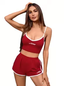 SHEIN EZwear Bộ đồ hai mảnh nữ Tương phản ràng buộc Lá thư Thể thao - Đỏ - Xem 1