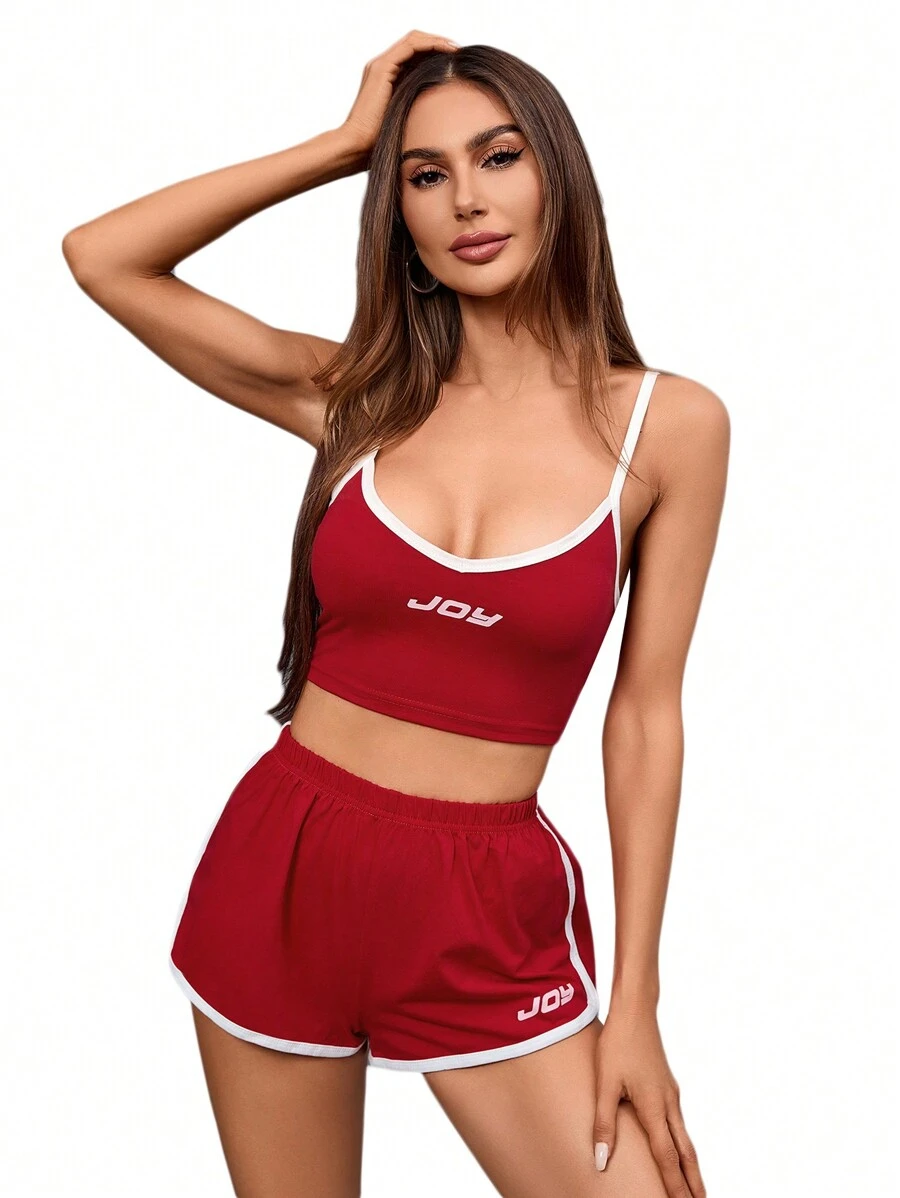 SHEIN EZwear Bộ đồ hai mảnh nữ Tương phản ràng buộc Lá thư Thể thao - Đỏ - Xem 1