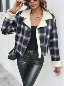 Chiquease Plaid Print Zip Up Thermal Lined Jacket Fall Cloth For Women - Black and White - View 6