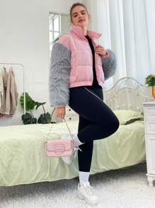 SHEIN EZwear Plus Fuzzy Panel Drop Shoulder Zipper Padded Coat - Pink - View 3