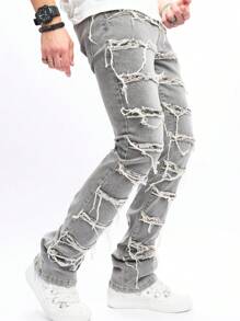 Manfinity Roghcode Men Ripped Frayed Skinny Jeans - Grey - View 1