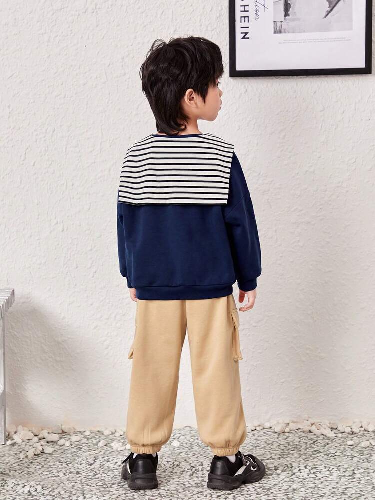 2pcs Young Boy Letter Print Crew Neck Sweatshirt With Pockets And Striped Ribbed Trim Thermal Lined Pants Set, Thickened