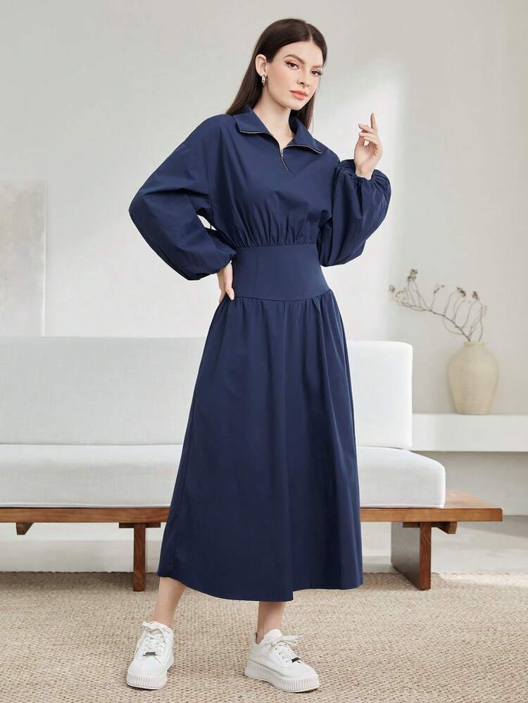 Lantern Sleeve Zip Half Placket Dress