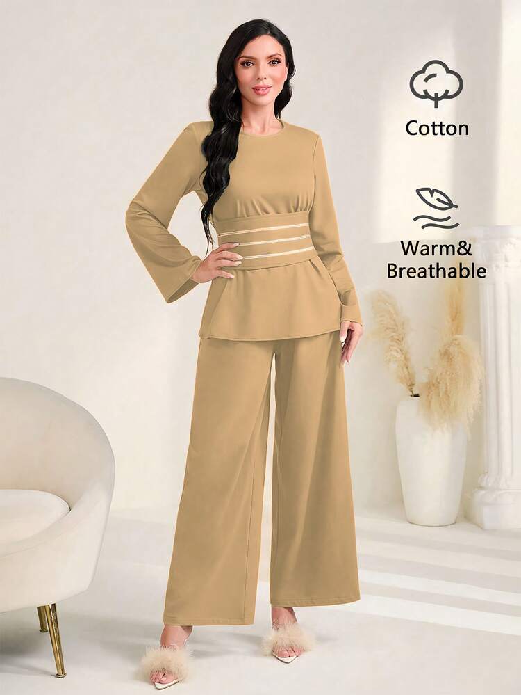 Flounce Sleeve Peplum Waistband Blouse & Wide Leg Pants