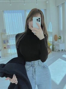 DAZY 女士高領肋紋針織毛衣 - 黑色 - 查看 7