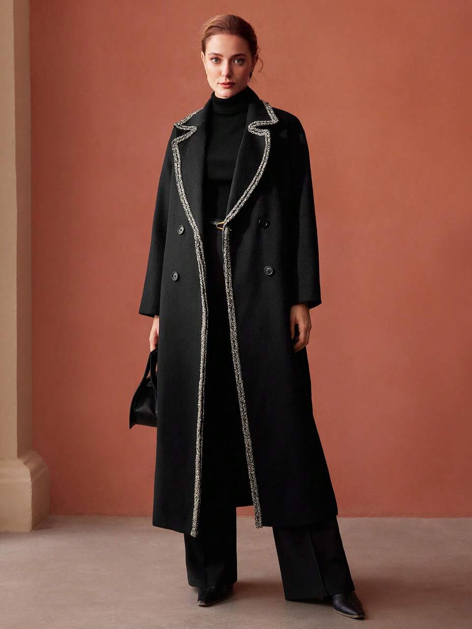 WOOL-BLEND CONTRAST TRIM COAT