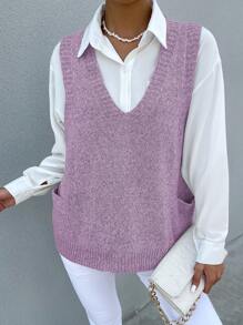 SHEIN Frenchy 1 Miếng Dệt kim Marled Túi Kép Áo len vest - Màu tím - Xem 4