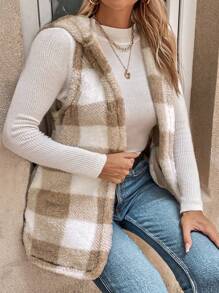 SHEIN LUNE Plus Buffalo Plaid Pattern Hooded Teddy Vest Coat - Multicolor - View 5