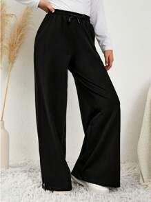 RueChic Teen Girl Drawstring Waist Wide Leg Pants - Black - View 4