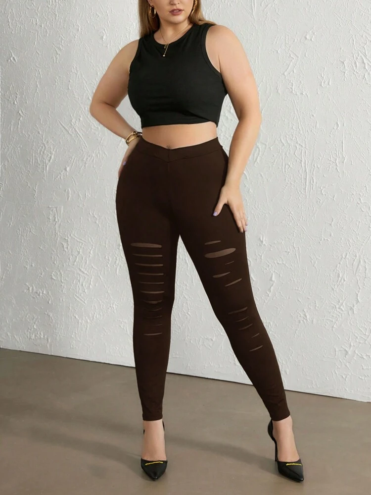 Plus Size Women's Mesh Cutout Spliced Sheer Leggings