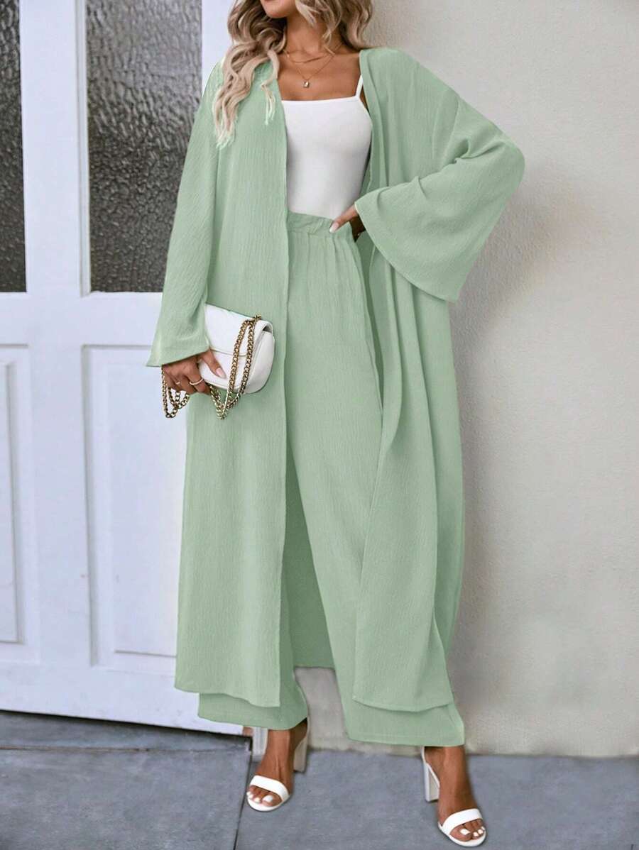 SHEIN LUNE Solid Open Front Coat & Wide Leg Pants - Green - View 1