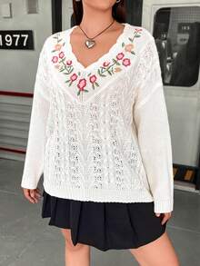 Flirla 大碼花卉刺繡網眼針織落肩袖套頭毛衣 - 白色 - 查看 3