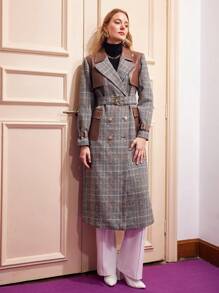 MOTF PREMIUM BELTED PLAID FAUX LEATHER COAT - Brown - View 7