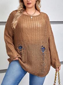 SHEIN EZwear 大碼落肩袖破洞套頭毛衣 - 卡其色 - 查看 1