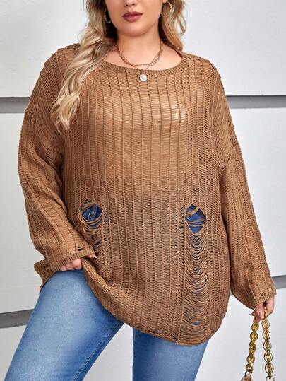 SHEIN EZwear 大碼落肩袖破洞套頭毛衣