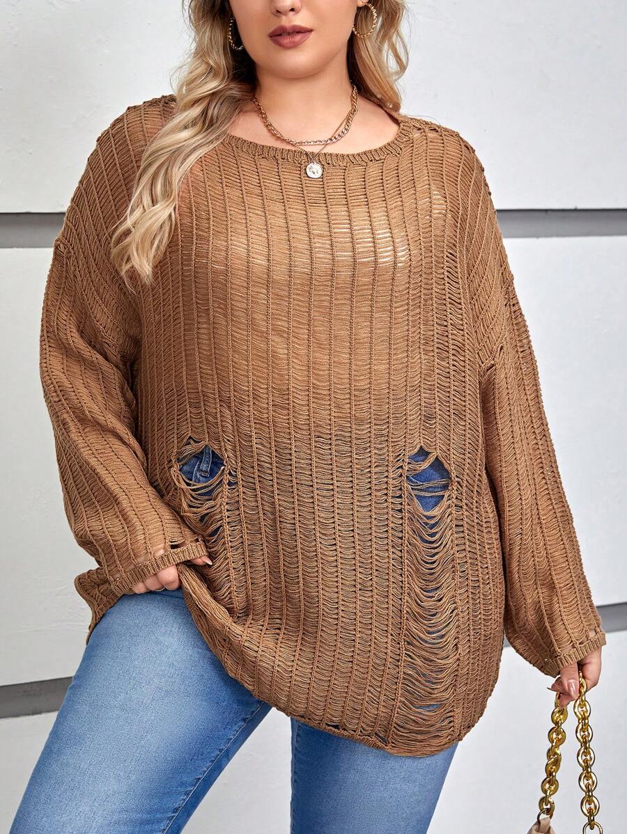 SHEIN EZwear 大碼落肩袖破洞套頭毛衣 - 卡其色 - 查看 1