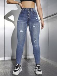 SHEIN EZwear 紐扣門襟破洞緊身牛仔褲 - 淺色水洗藍 - 查看 3