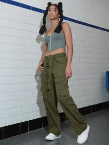 Pantalones cargo unicolor con cinturón - Verde militar - Ver 3