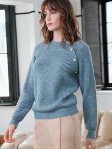 Anewsta Chi tiết Nút Tay Raglan Áo len - Màu xanh lam - Xem 3