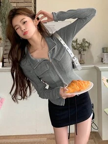 YCYC 韓式復古風女款長袖拉鍊修身時尚襯衫 - 灰色 - 查看 6