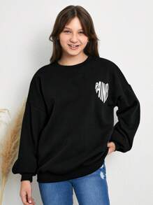 RueChic 青少年女孩字母和心形圖案落肩袖運動衫