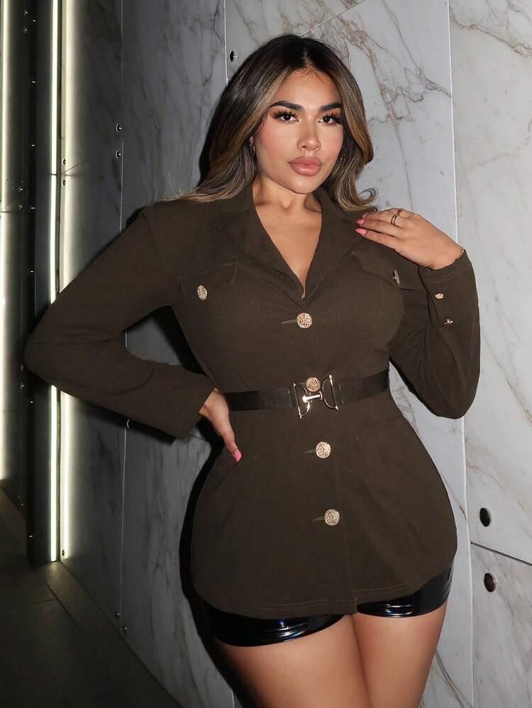 Flap Detail Button Front Belted Blazer