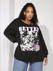 SHEIN CURVE+ Plus Figure & Letter Graphic Drop Shoulder Sweatshirt - Black - View 3
