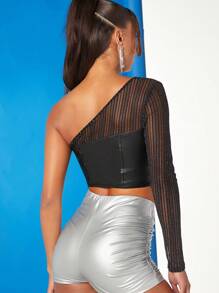 Hauture One Shoulder Cut Out PU Leather Top - Black - View 2