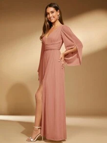 SHEIN Belle Plunging Neck Split Thigh Bridesmaid Dress Elegant Long Sleeve Dress - Dusty Pink - View 4