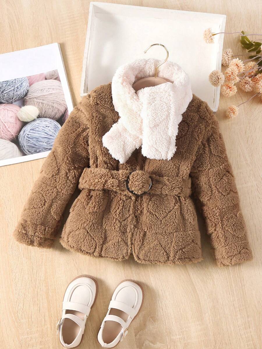 SHEIN Young Girl Solid Belted Fleece Jacket & Scarf - Mocha Brown - View 1