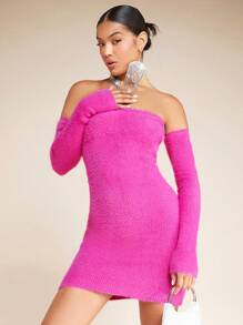 SHEIN BAE Off Shoulder Bodycon Sweater Dress - Hot Pink - View 4