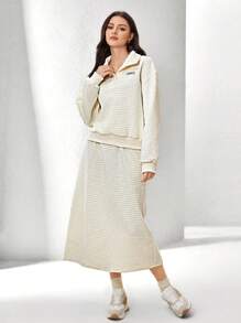 Mulvari Letter Patched Detail Drop Shoulder Sweatshirt & Skirt 2 Piece Set