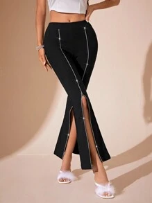 Zolique Women's Solid Color Rhinestone Embellished Flare Leg Pants, Suitable For Party And Gathering Occasions - Black - View 4