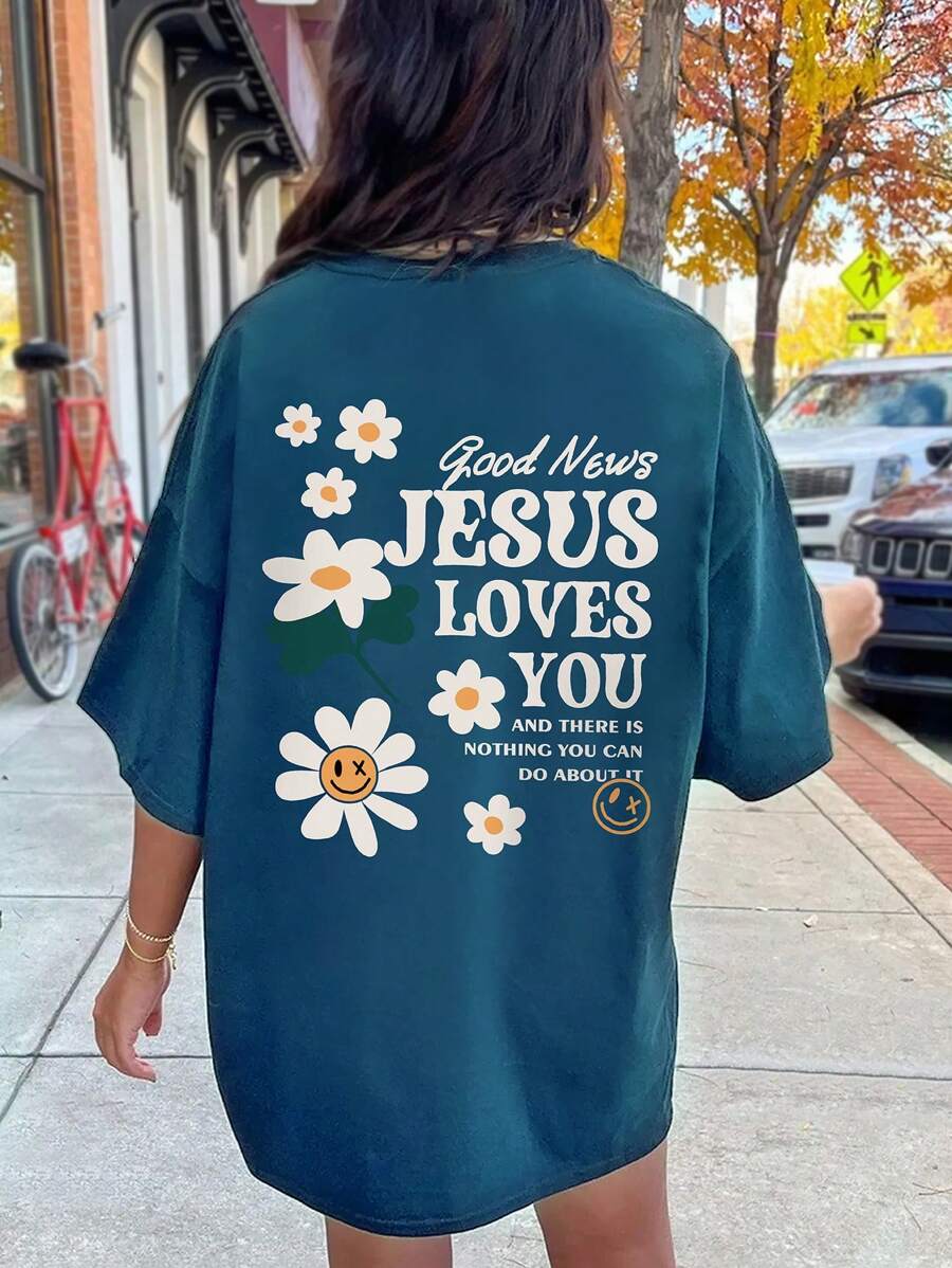 INAWLY Floral & Slogan Graphic Drop Shoulder Tee Good News JESUS LOVES YOU AND THERE IS NOTHING YOU CAN DO ABOUT IT - Navy Blue - View 1